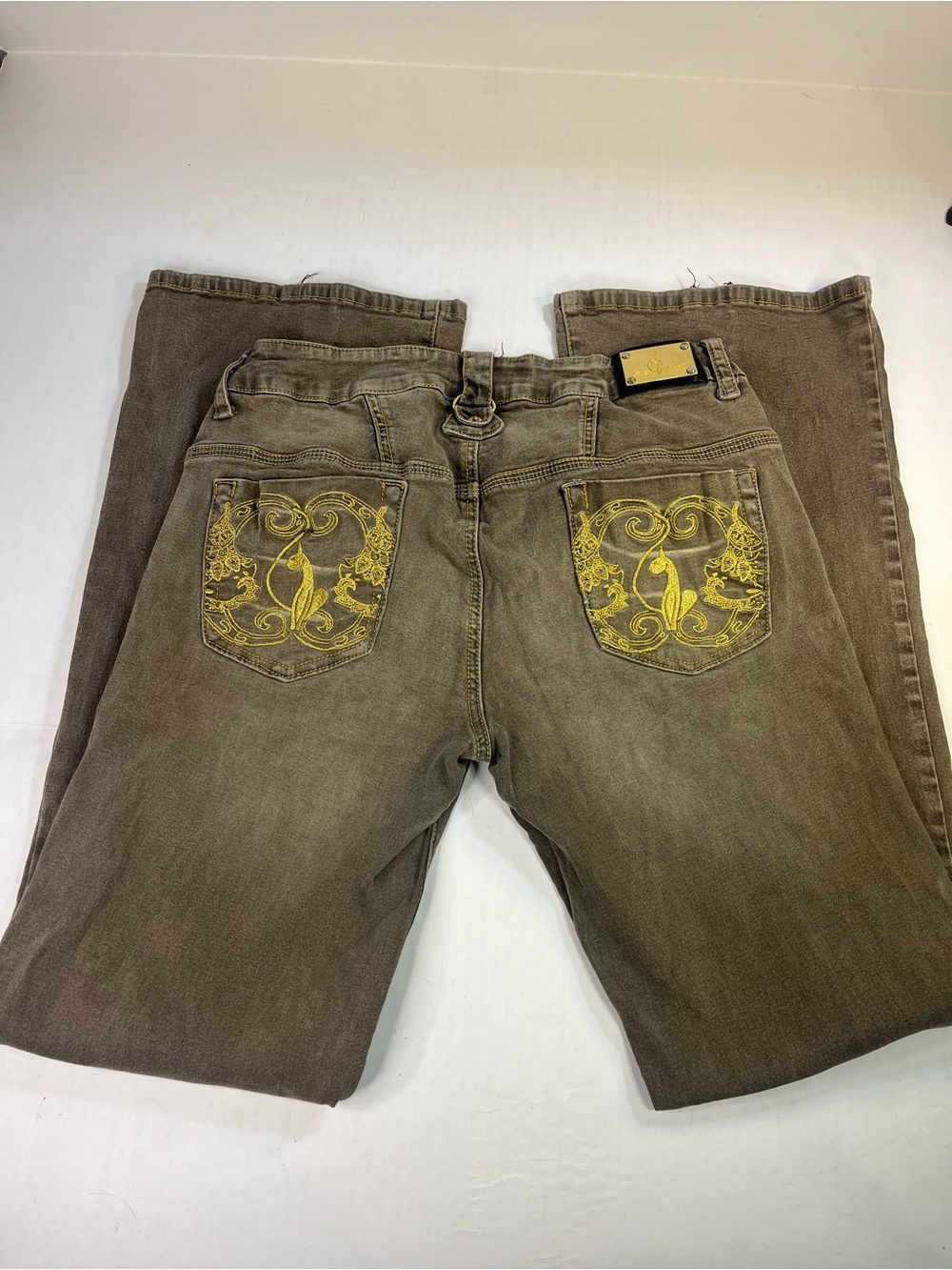 Baby Phat Brown Wide-Leg Jeans with Yellow Embroidered Back Pockets